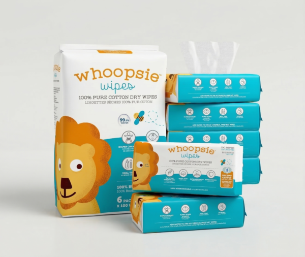 Whoopsie Wipes | 100% Pure Cotton Dry Baby Wipes (6-Pack Bulk Buy, 600 Wipes)